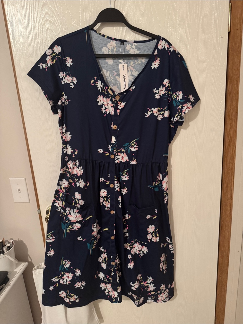 Women's Navy Floral Button-Front Midi Dress with Pockets